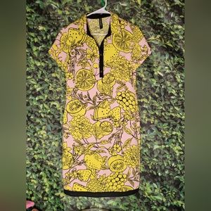 Marc Cain Dress Fruits Tropical Print Hawaii Beach Vacation Yellow